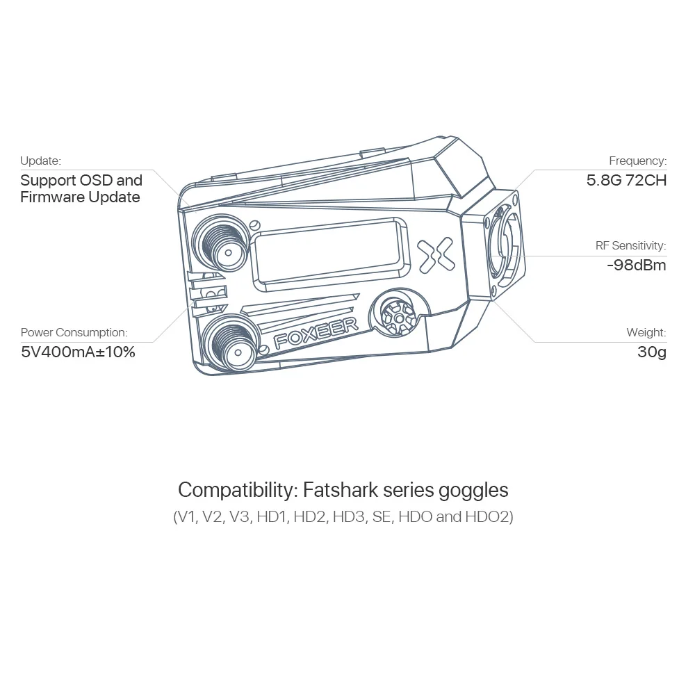 Foxeer Wildfire 5.8G Goggle Dual Receiver Module for Fatshark Dominator All Series V1 V2 V3 V4 HD3 HDO FPV Goggles