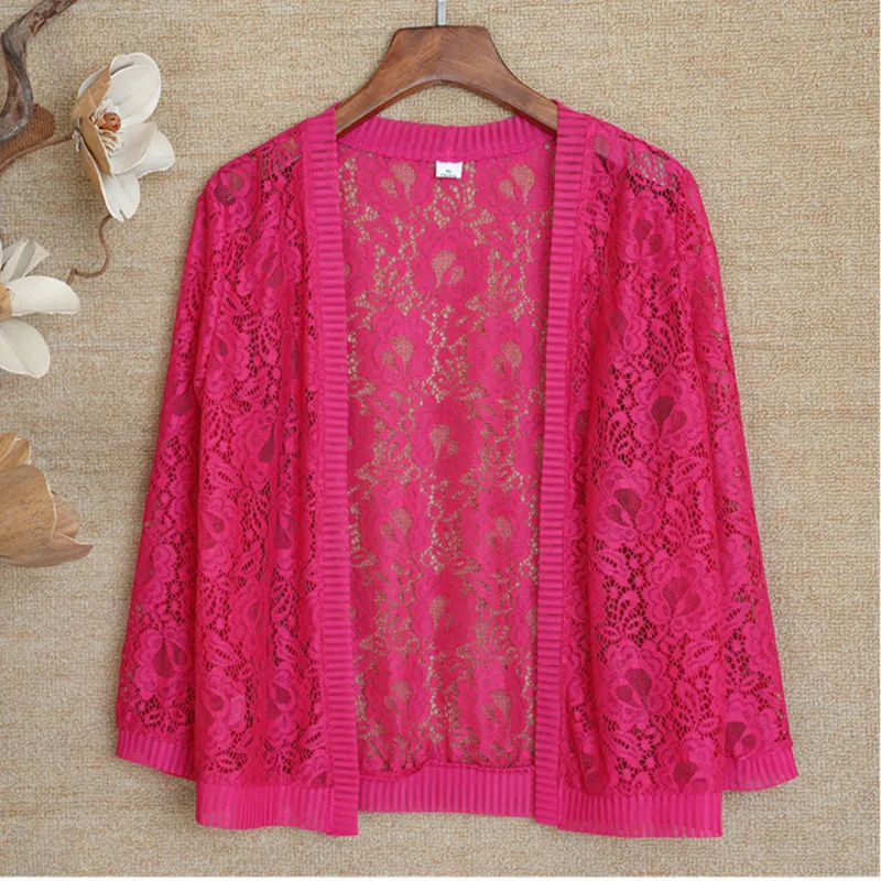 UHYTGF Knitted Cardigan Summer Coat Womens Fashion Hollow Shawl Thin 7XL Big Size Jacket Solid Color Wild Elegant Short Top 1676