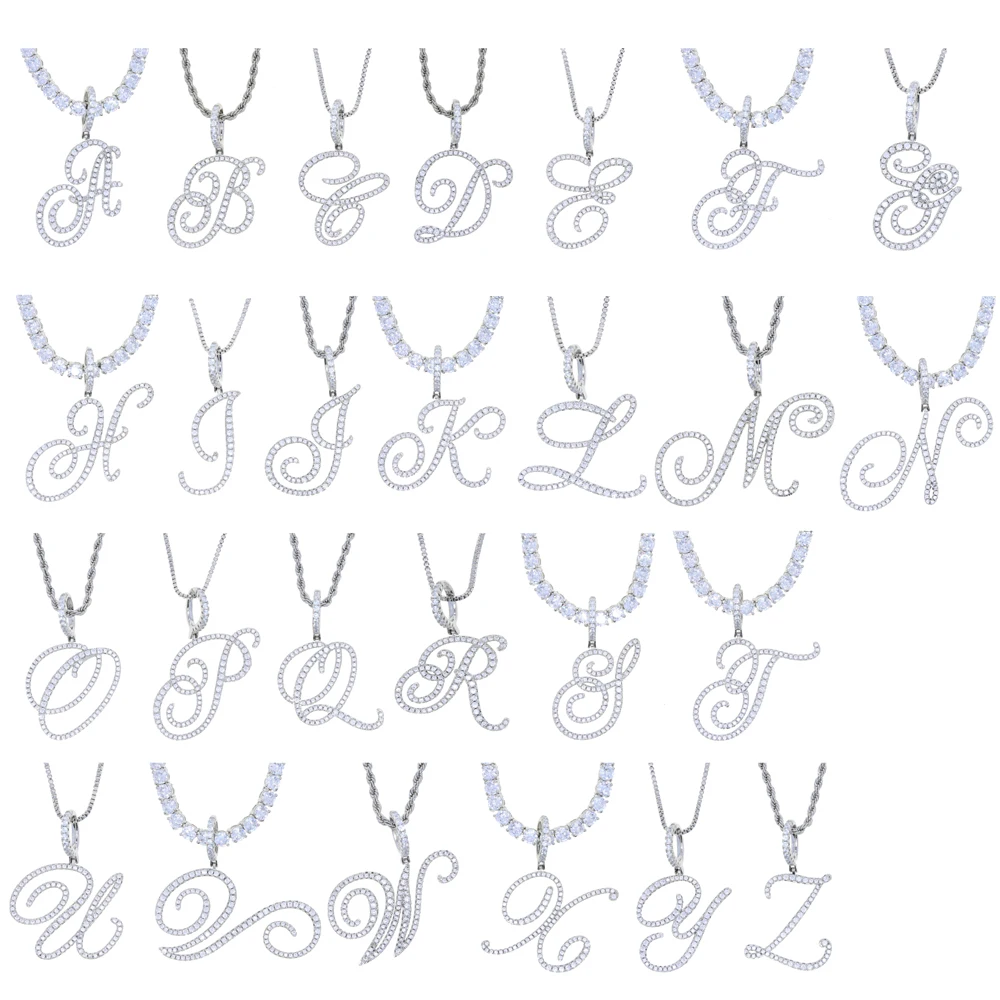 2026 Neue A-Z Kursivbuchstaben Namensanhänger Halskette Iced Out Bling 5A Kubikzirkonia CZ Silberfarbene Buchstaben Charms Hip Hop Schmuck – Detail 1
