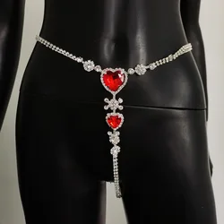 Rave Double Heart Rhinestone Thong Panties Bikini Bling Red Crystal Waist Body Chain Jewelry Women Sexy Fashion Festival Party