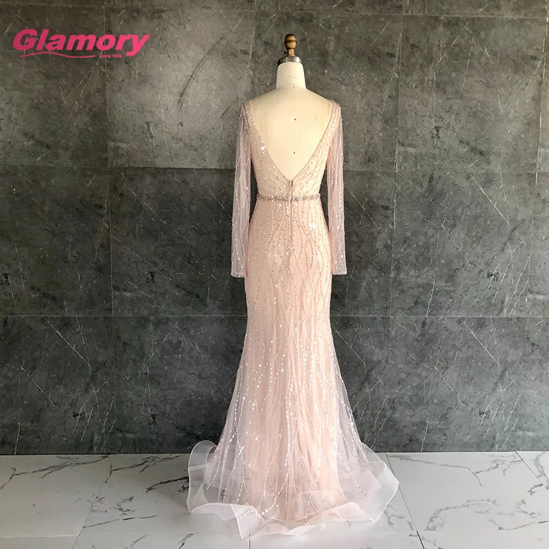 Hot Sale New Style 2020 Mermaid Custom Pink Sparkly Beaded Prom Sexy Deep V-neck Long Sleeve Girls Party Dress