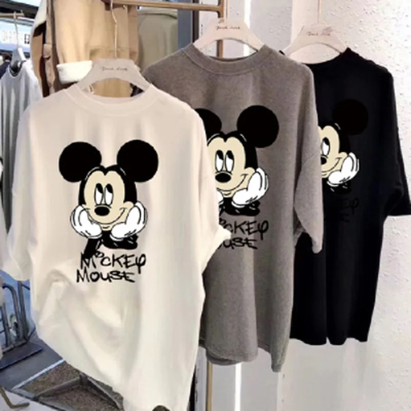 Disney T-Shirt Mickey Mouse Cartoon Print Harajuku Women Short Sleeve Casual Chic O-Neck Pullover Loose Tee Tops 5 Color Fashion