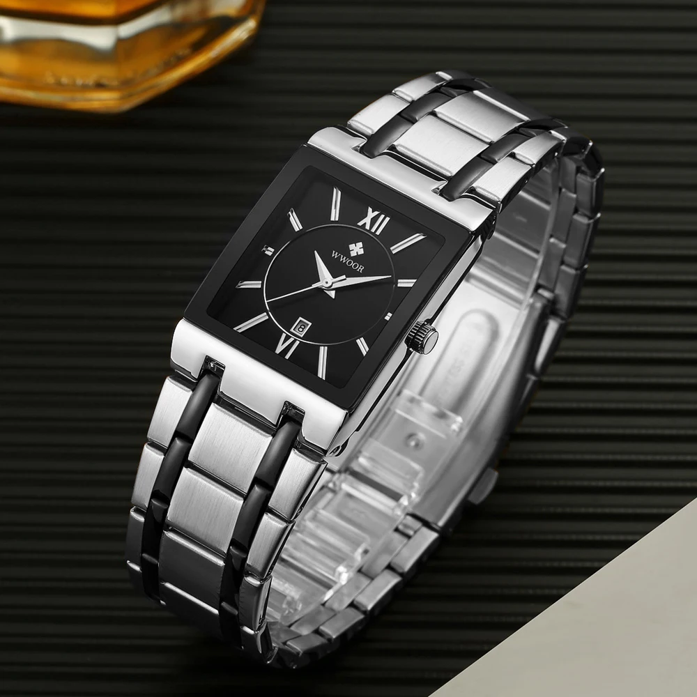 Men Watches WWOOR Fashion Top Brand Luxury White Square Waterproof Quartz Wristwatch Stainless Steel Date Clock Men Montre Homme