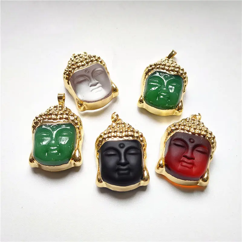 FUWO Colorful Glass Crystal Carve Buddha head Pendant,Amazing Design Supernatural Amulet Knot Lucky Charm Buddhism Jewelry PD387