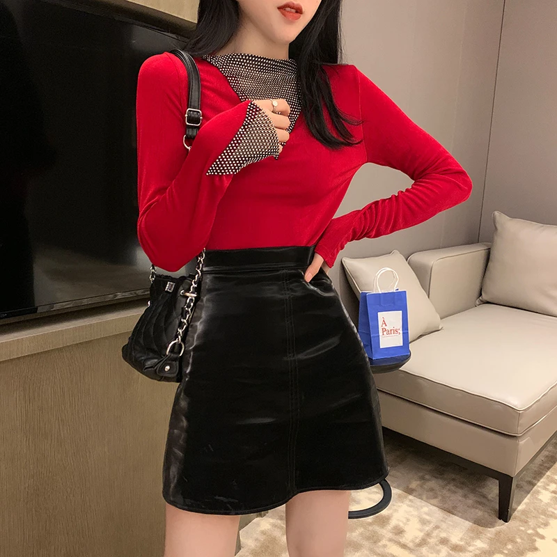 Autumn Winter Sequin T Shirt Women Long Sleeve Hot drilling Patchwork Slim Sexy Woman Mesh Black Tee shirt Women Tops 2022 DD01