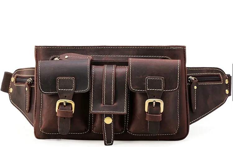 Genuine leather solid men casual belt bag waist packs high quality