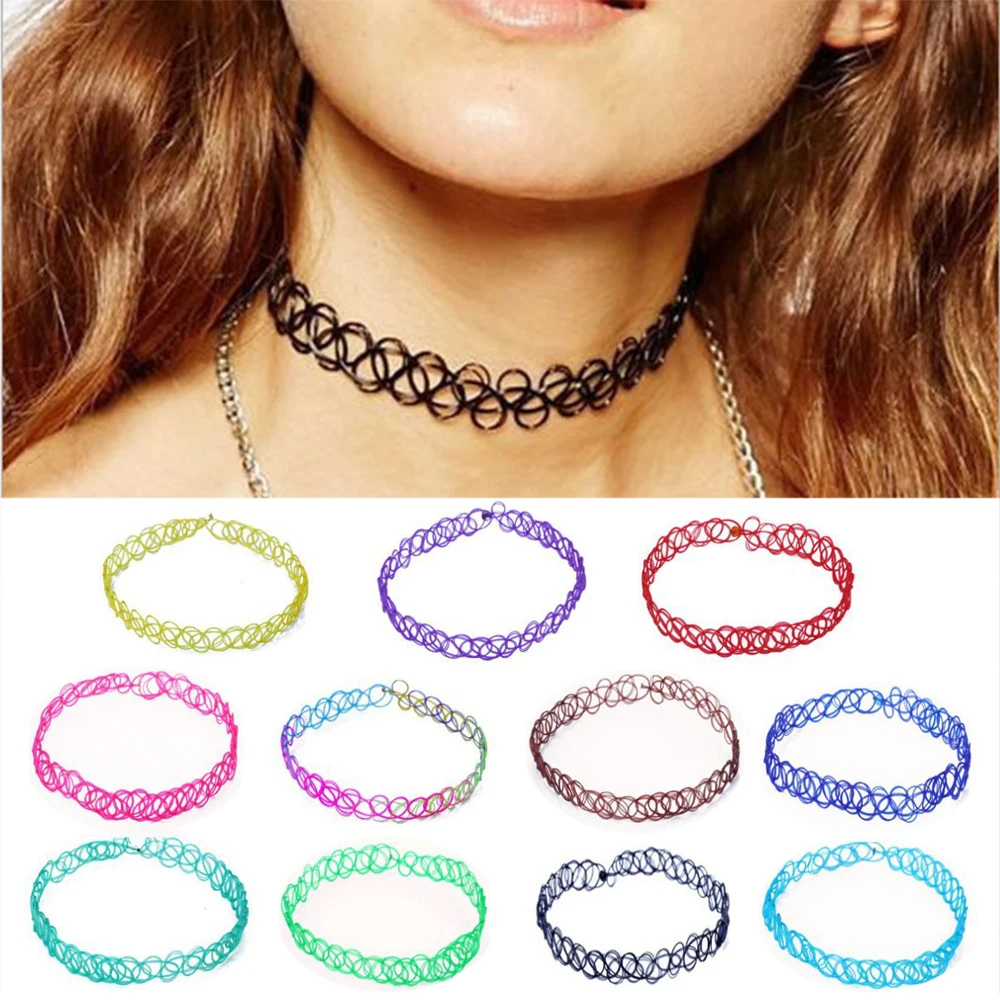 12Pcs/Set Mixed Color Tattoo Rainbow Chokers Vintage Gothic Punk Elastic Necklace Women Jewelry Party Wear Decoration for Girls