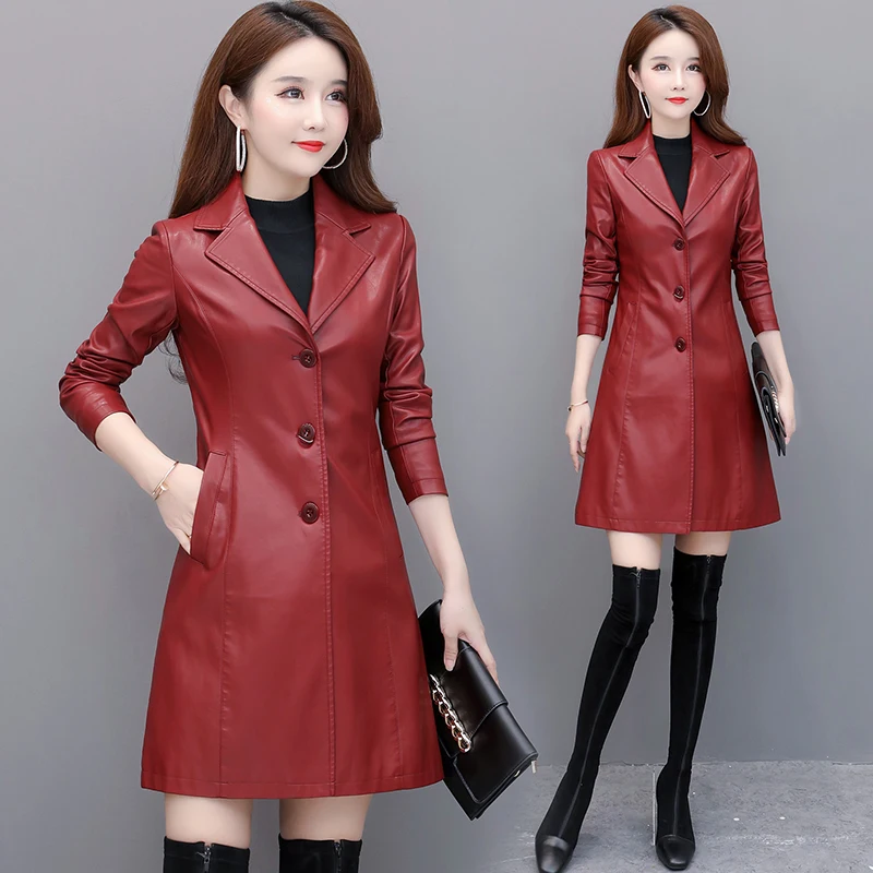 Abrigo de cuero Pu para mujer, chaqueta de medio largo para motocicleta, rompevientos de cuero de imitación, negro y rojo, moda de otoño, primavera