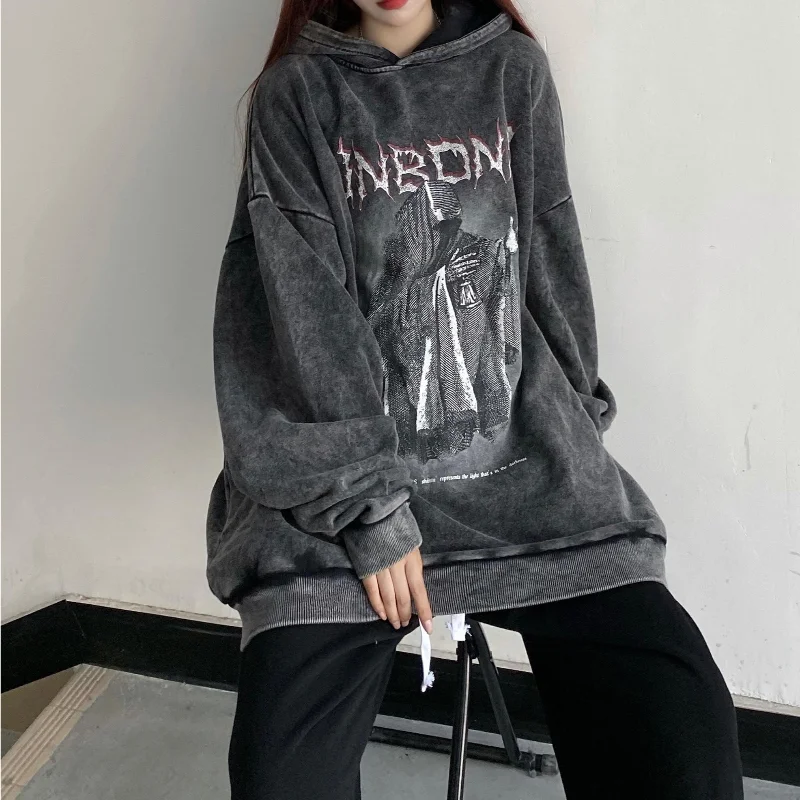 HOUZHOU Gothic Women Hoodie Aesthetic Vintage Dark Clothes Autumn 2021 Long Sleeve Thin Sweatshirt Oversized Y2k Streetwear