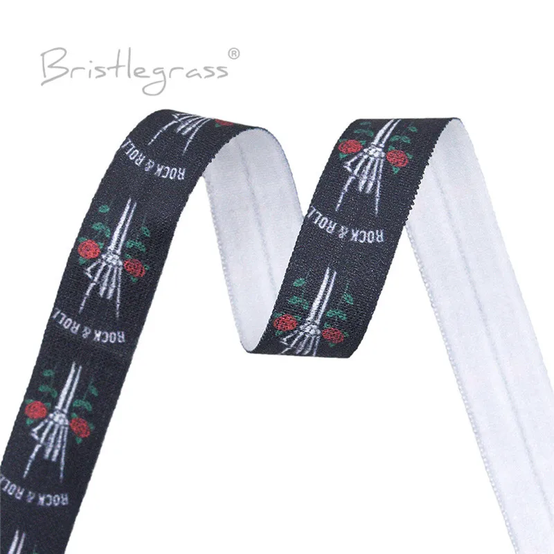 BRISTLEGRASS 2 5 Sân 5/8 "15Mm Đá Đầu Lâu In Hoa Hồng Gấp Gọn Trên Thun Kẻ Thù Thun Satin Dây Tóc dây Buộc Đầu DIY May Viền