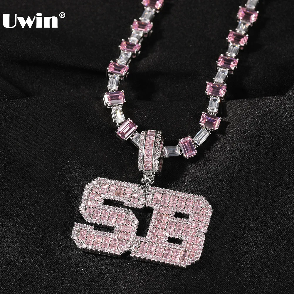 

UWIN Custom Baguettecz Name Pendant with Pink Stone Heart tennis Chains Iced Personalized Name Necklace Fashion Hiphop Jewelry