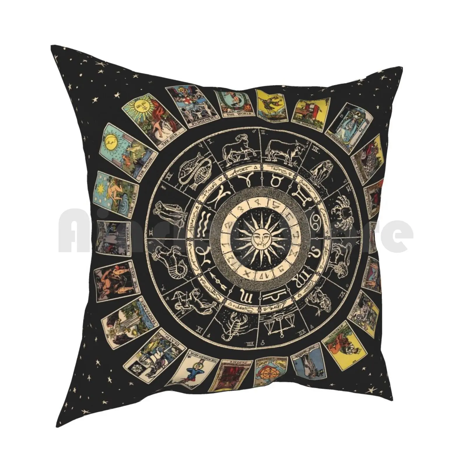 Wheel Of The Zodiac , Astrology Chart & The Major Arcana Tarot Pillow Case Printed Home Soft Throw Pillow Labyrinth