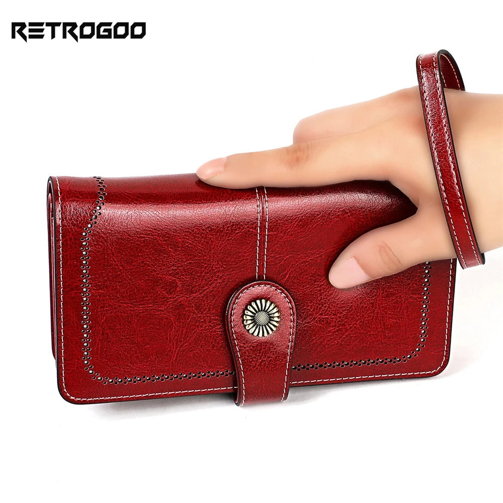 

RETROGOO RFID Anti-Theft Wallet Long Genuine Leather Women Purse Multifunction Female Money Bag Stape Clutch For Ladies Carteira