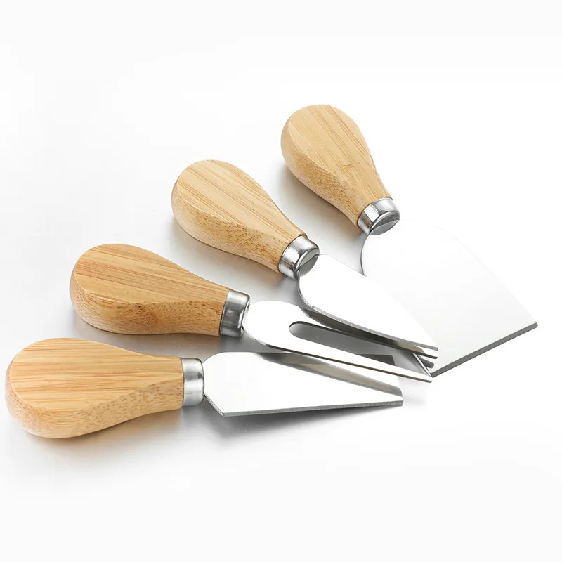 WIKHOSTAR 4pcs/set Stainless Steel Cheese Knives Oak Handle Cheese Cutter Cheese Board Butter Spatula Kitchen Cheese Tools