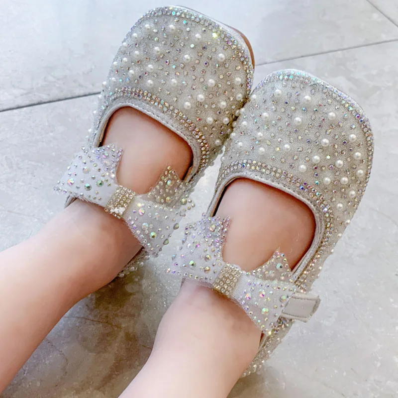 Spring New Girls Single Princess Shoes Pearl Shallow Children\'s Comfortable Flat Shoes Kid Baby Rhinestone Bowknot Shoes B207