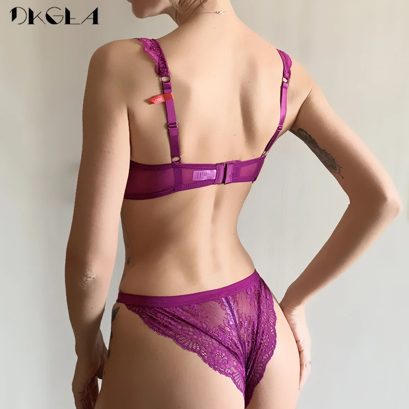 New Sexy Bra Panties Set Purple Lace Brassiere Transparent Underwear Set Ultrathin B C D Cup Women Bras Lingerie Set Embroidery