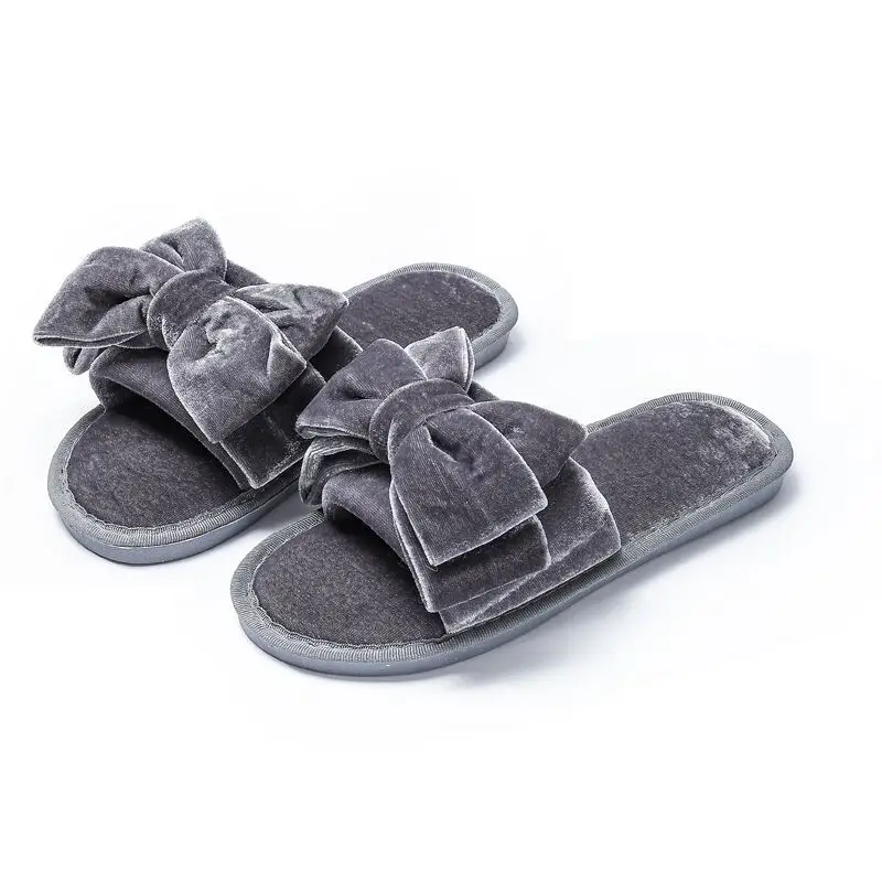 Autumn Winter Chic Open-toe House Pregnant Women Fur Slippers Bow-knot Bedroom Flat Shoes Warm Plush Elegant Girls Furry Slides