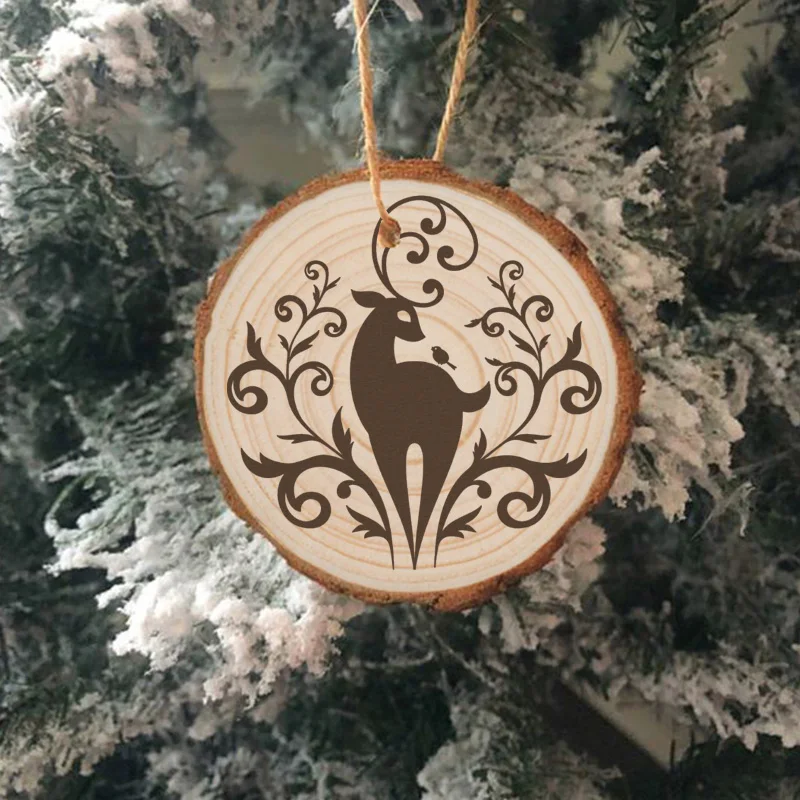 

Deer Wooden Christmas Tree Ornament Home Decor Live Edge Tree Slice Engraved Hanging Decoration Deer Christmas Decorations