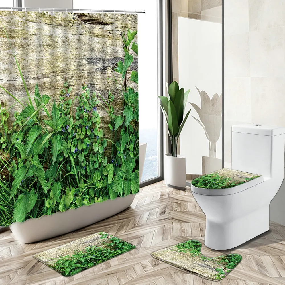 Retro Old Wooden Board Green Plant Shower Curtain Spring Vine Flower Country Scenery Bathroom Carpet Toilet Cover Floor Mat Set