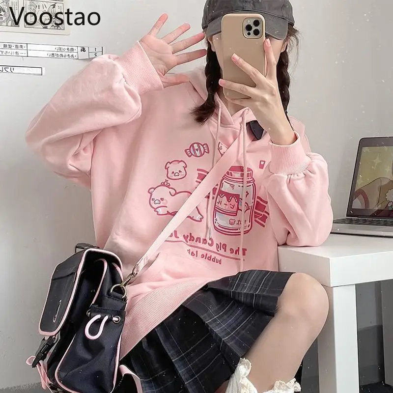 Spring Autumn Harajuku Sweet Cute Cartoon Print Hooded Sweatshirt Women Kawaii Loose Hoodies Student Girly Chic Y2K O-Neck Tops