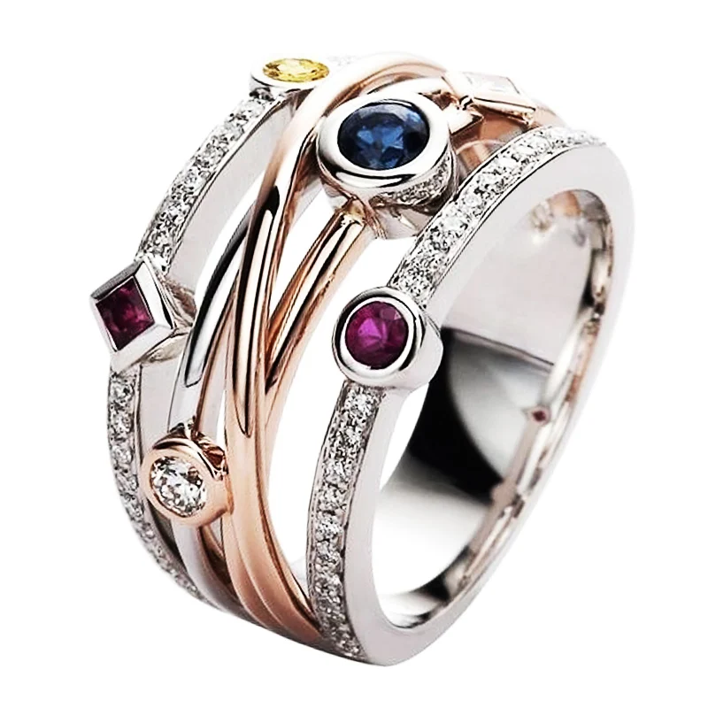 Huitan Bunte Zirkonia Zarte Frauen Ring Schmuck Hochzeit Braut Band Mode Kreuz Geometrische CZ Tanzen Party Ringe
