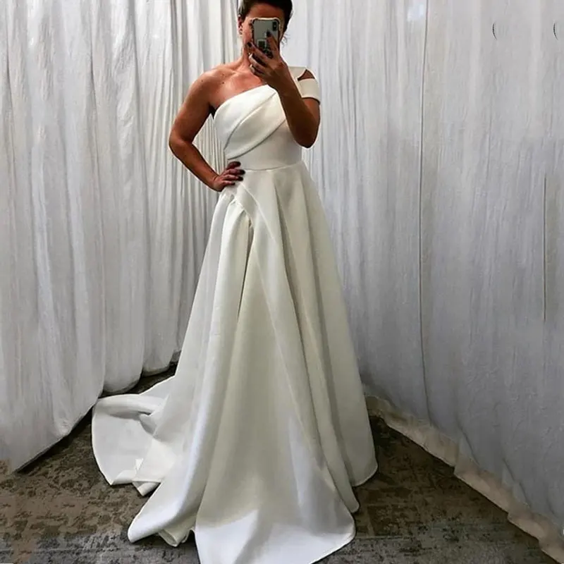 Neue Stil Satin Hochzeit Kleider Свадебное платье Braut Kleider Vestido De Noiva Eine Schulter Lange Kleid Sweep Zug