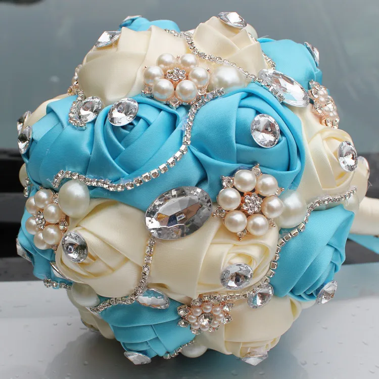 

Blue and Ivory Satin Ribbon Wedding Bouquets Diamond Pearls Artificial Bouquets Rhinestones Sweet 15 Quinceanera Bouquets Q244