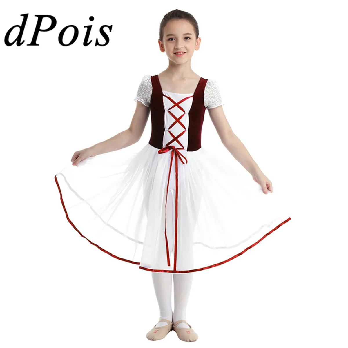 Kids Velvet Mesh Lacework Professional Ballet Dress Bubble Sleeve Lyrical Dance Wear Gymnastics Leotard Figure Skating Dress