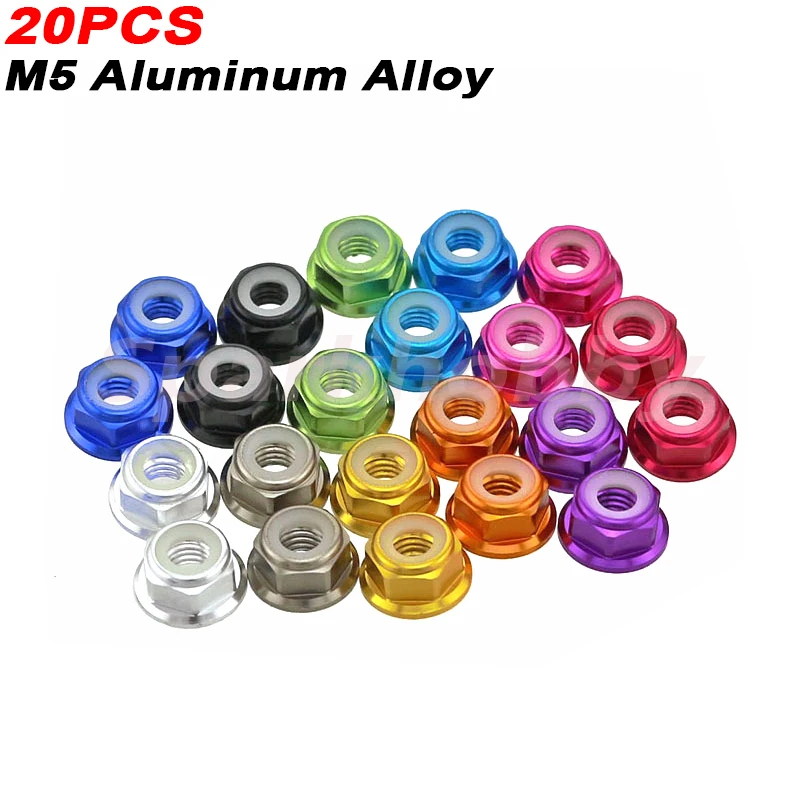 20PCS Aluminum Lock Nuts M5 CW CCW Aluminum Alloy Flange Nylon Lock Nut Self-locking nut anti-losing Locknuts for RC model parts