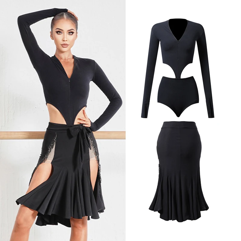 

Latin Dance Competition Costume Women Long Sleeves Tops Fringed Skirt Black Suit Rumba Samba Dancing Dress Sexy Prom Dance Wear