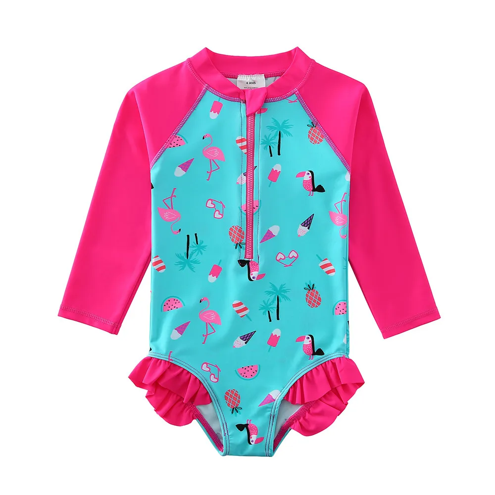 One-piece Swimsuit Children Cute Ice Cream Print Swimwear Long Sleeves Kids Girls Sunsuit For Vacation