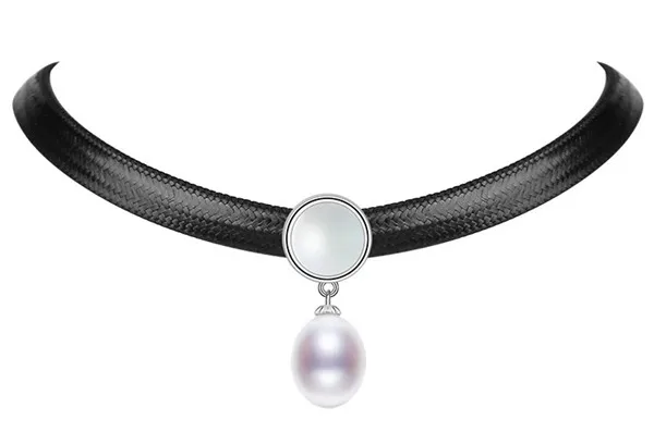 HABITOO White Freshwater Pearl Fine Leather Choker Pendant Necklace 925 Silver Fashion Statement Jewelry for Women Daily Wear