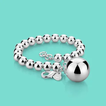 Women 925 Sterling Silver Bracelet Ethnic Ball Pendant Beaded Bracelet Lady Charm Silver Jewelry 20cm Chain Solid Silver