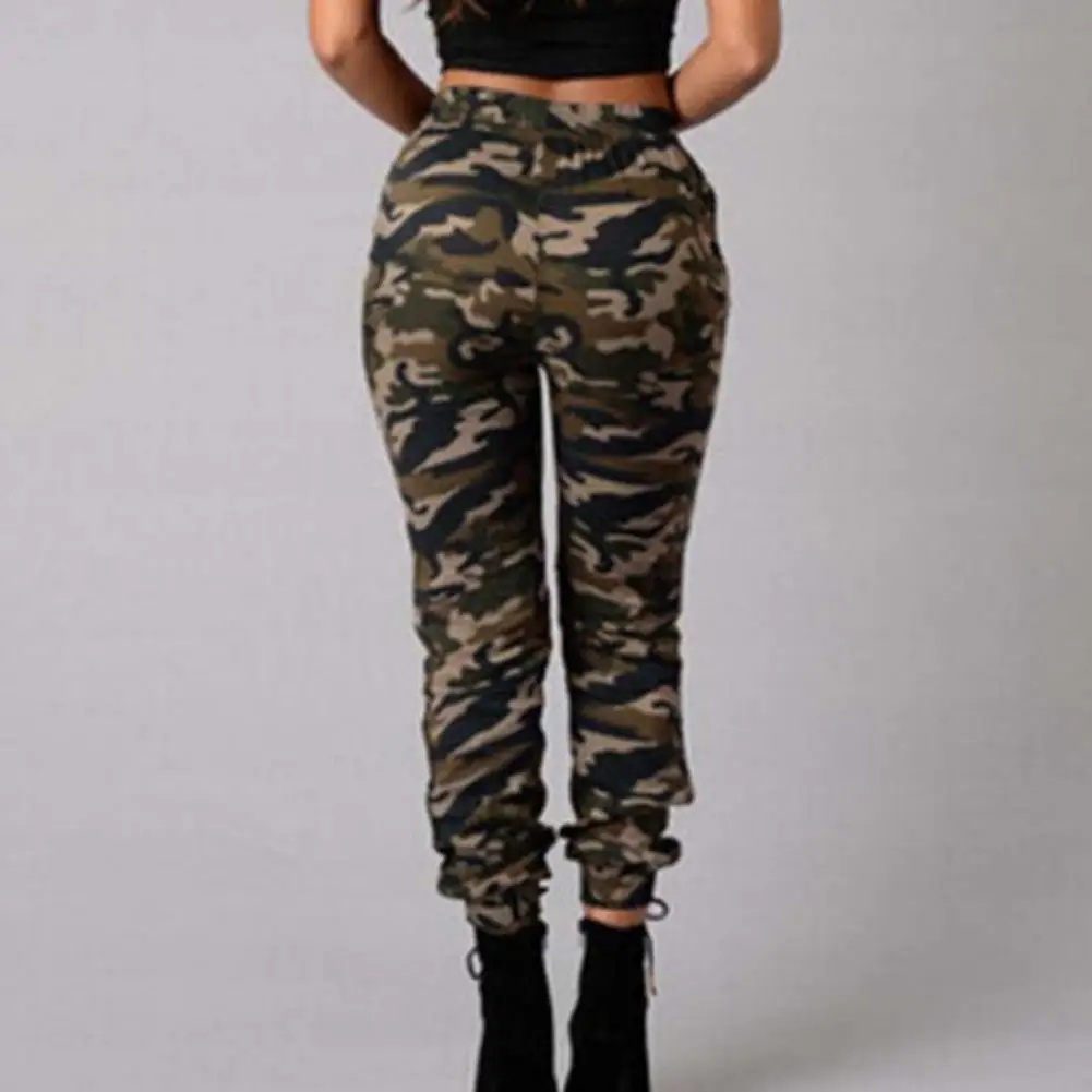 Women Casual Drawstring Pockets Long Skinny Pants Ankle Tied Camouflage Trousers