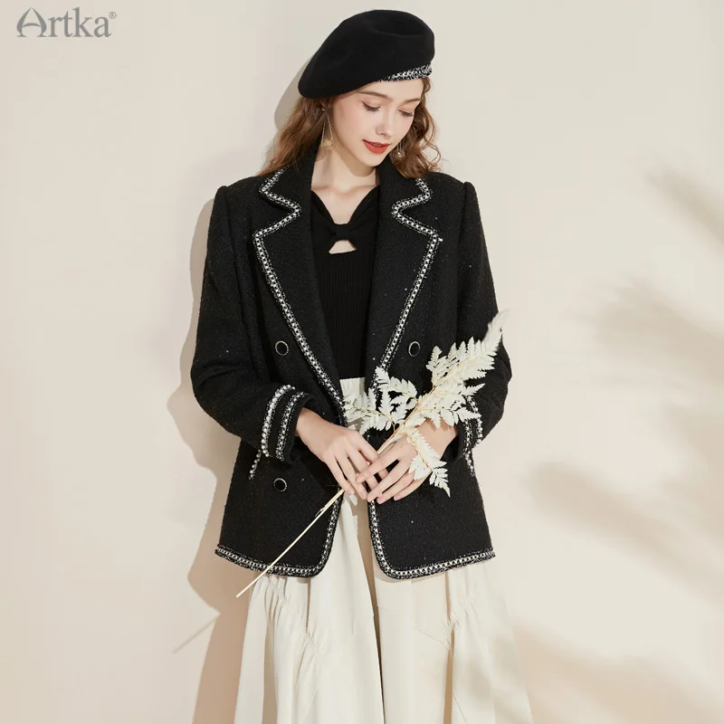 ARTKA 2021 Autumn New Women Blazers Elegant Vintage Sequins Blazer Jacket Beading Long Sleeve Woolen Tweed Black Blazer WA20017D