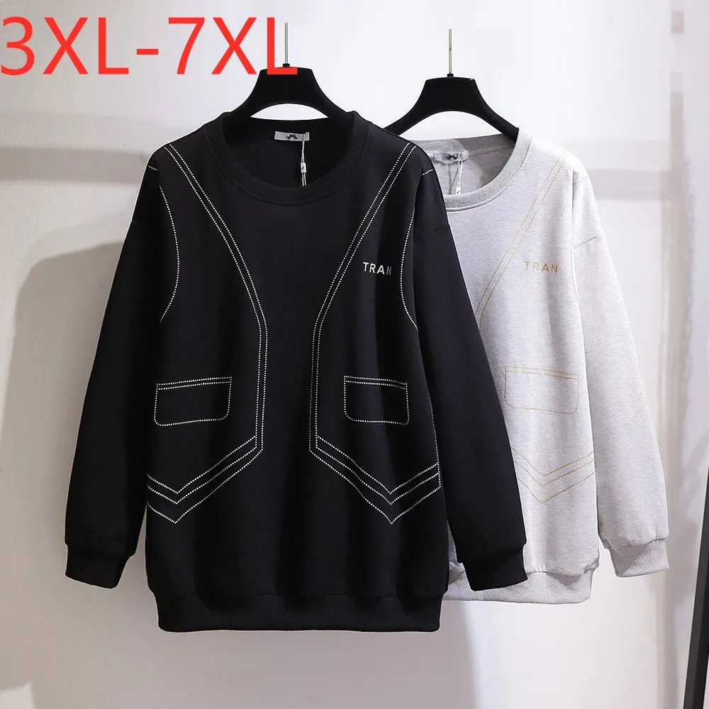 

New 2021 Autumn Winter Plus Size Women Clothing Tops Large Pullover Long Sleeve Loose Black Gray Sweatshirt 3XL 4XL 5XL 6XL 7XL