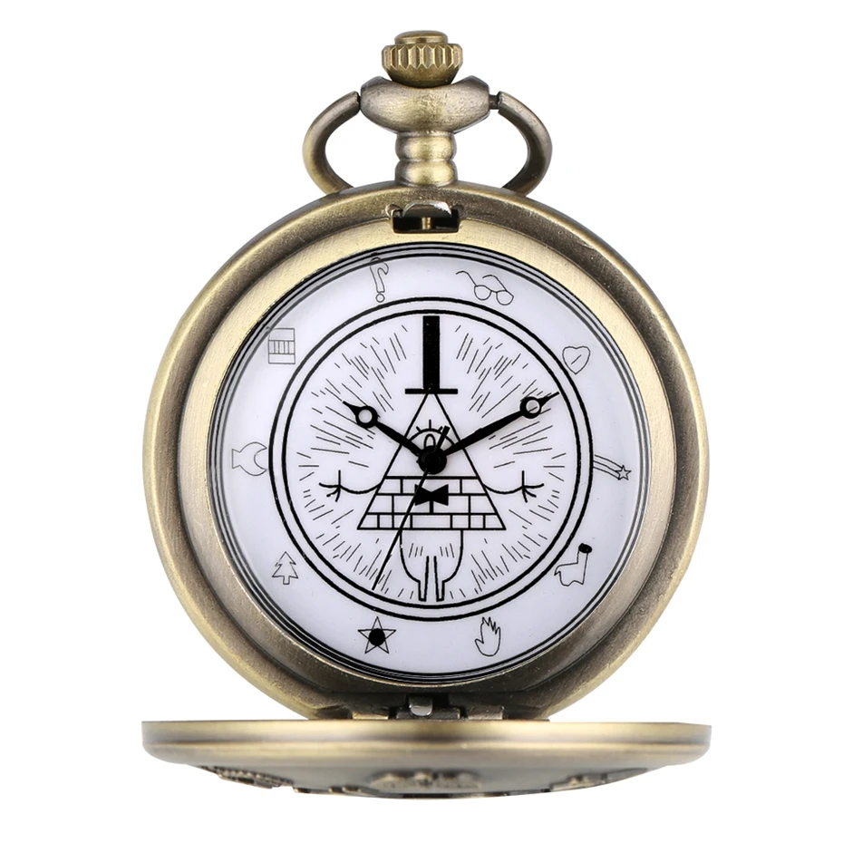 Gravity Fall Bill Cipher Time Gem Necklace Quartz Pocket Watch Weird Town Triangle One-Eyed Devil Pendant Chain for Men Women