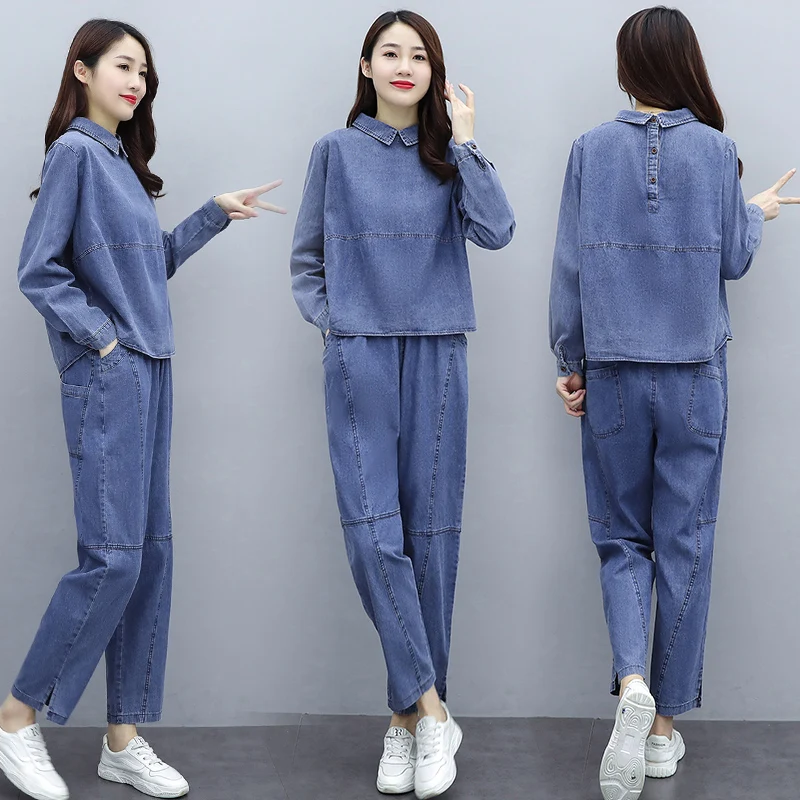 Fashion Large size Denim Suit Female 2023 Spring Autumn New Korean Loose Long-sleeved Denim+Pants Casual Student Two-piece suit