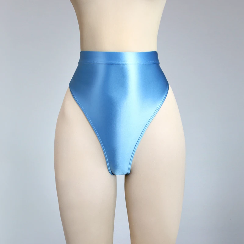 

Sexy women Shiny Thong Bikini Bottoms with Buttocks Silky High Waist Tights Underpants High Fork Oily Briefs Large Size men