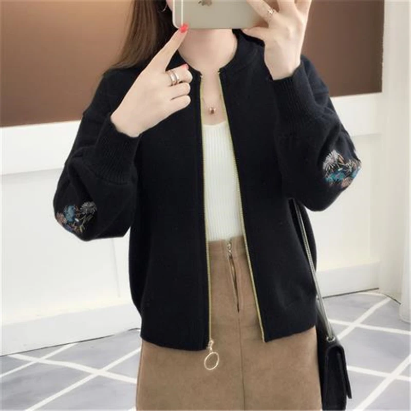 Casual Embroidered Zipper Knitted Coat Women Korean O-Neck Long Sleeve Sweater Cardigan Spring Fashion Knit Baseball Jacket Tops