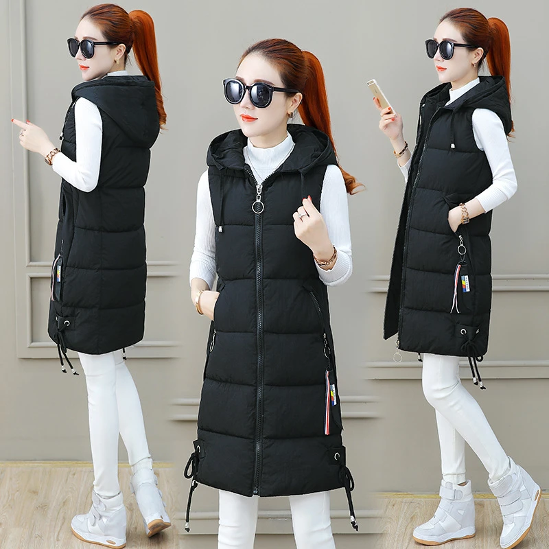 2024 Winter Women Cotton Down Vest Plus Size M-4XL Sleeveless Warm Hooded Loose Casual Long Vest Female Outerwear Padded Jacket