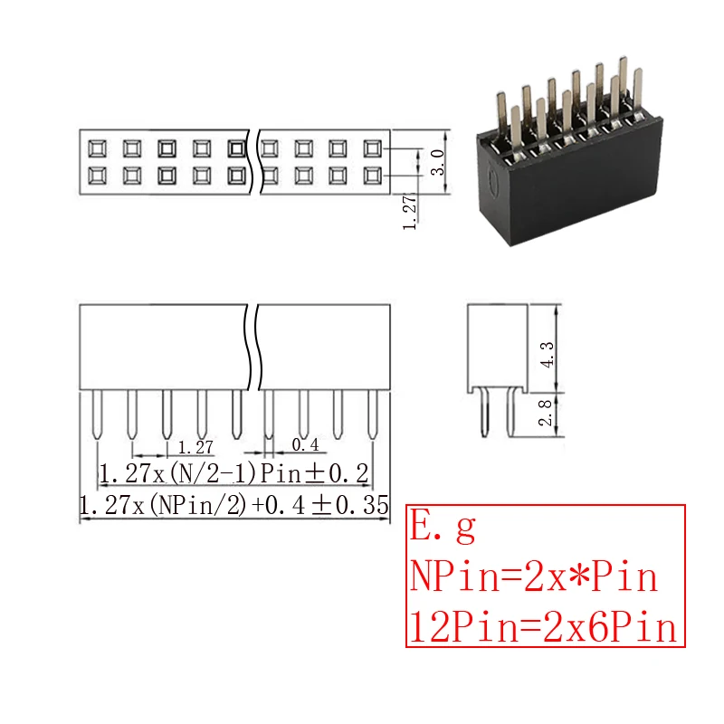 10Pcs 1.27mm Pitch Double Row Pin Female Header Socket 2*2p 3p 4p 5p 6p 8p 10p 12p 40p 50p Pin Connector