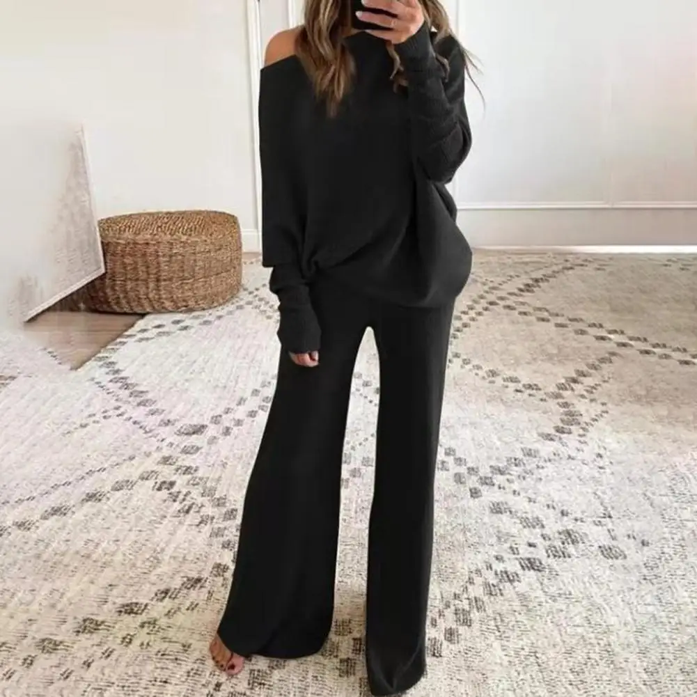 2pcs Autumn Winter Pant Suits Women Outfits Knitted Pullover Top Wide Leg Pants Two-piece Set Women Tracksuits комплекты одежды