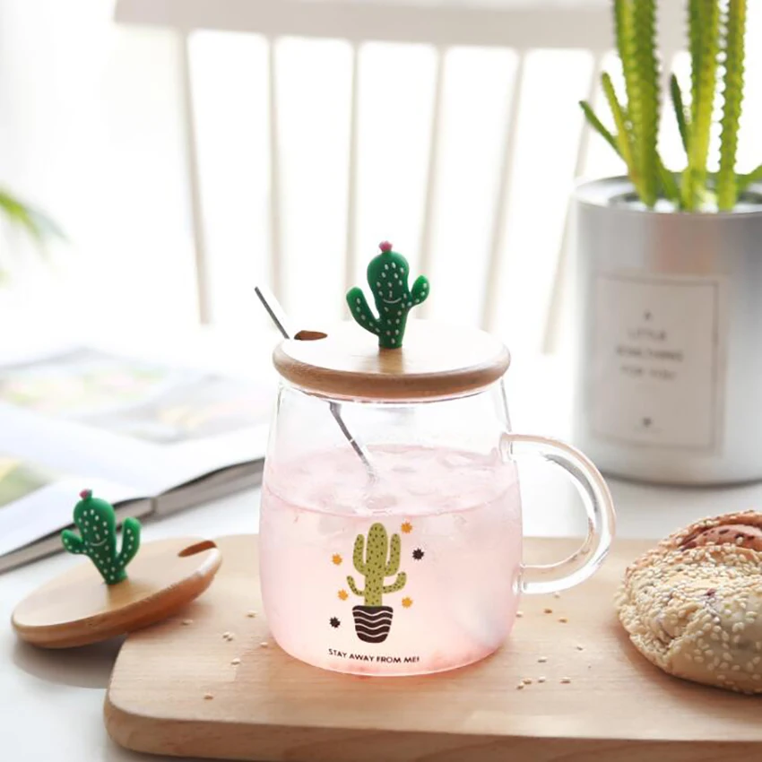 Leuke Cactus Thee Mok Met Houten Deksel En Lepel Borosilicaatglas Koffie Mok 450Ml Clear Drinkbeker Voor Fruit sap, koffie Thee