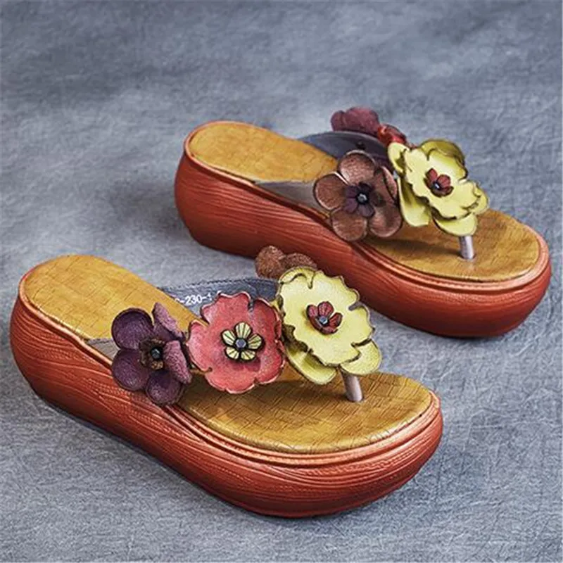 ZXRYXGS 100% Genuine Leather Summer Women\'s Slippers Flower Fashion Sandals 2024 Increase Shoes Platform Slippers Wedges Sandals