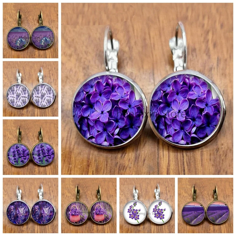 New beautiful purple lavender flowers and plants round glass convex dome earrings jewelry