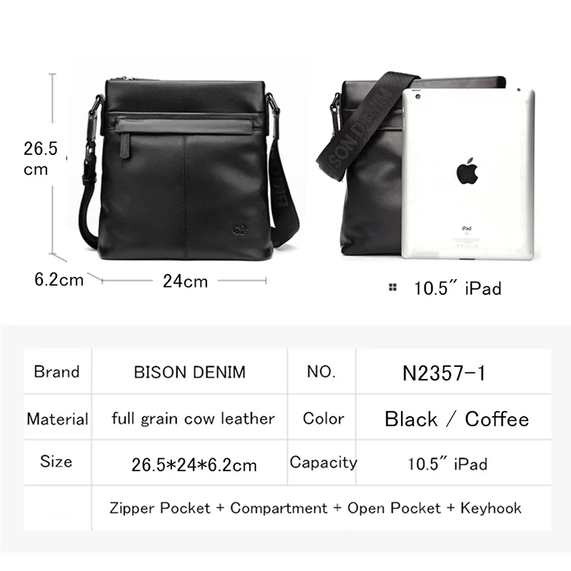 BISON DENIM-Bolso de hombro de piel auténtica para hombre, bandolera de piel de vaca de 10,5 pulgadas con Ipad, informal, para trabajo y negocios