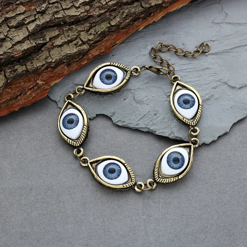 Vintage Punk Evil Eye Bracelet 5 Blue Eyeball Connect Exaggeration Multiple Dense Evil Eyes Bracelet