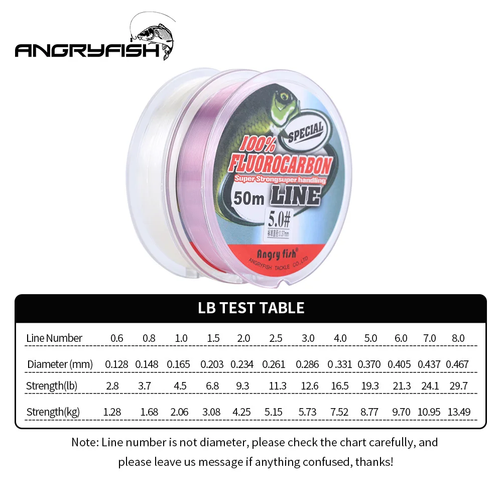 ANGRYFISH 100% Fluorocarbon Fishing Line 50m transparent Super strong Fish Line