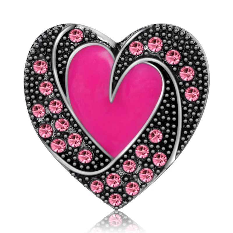 Beauty Heart shape rhinestone Pink Love style metal 18MM snap buttons fit 18mm snap bracelet snap jewelry wholesale